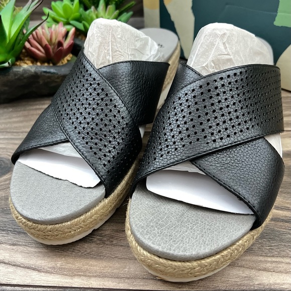 Earth Modena Marigold Espadrille Platform Wedge Slide Sandal 8.5M Black Leather - Picture 3 of 11